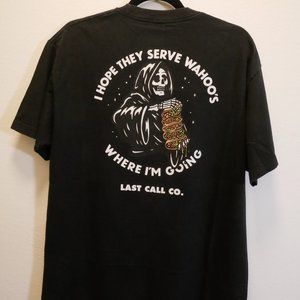 WAHOO'S LAST CALL COMPANY GRIM REAPER WITH TACOS LARGE BLACK COTTON T SHIRT